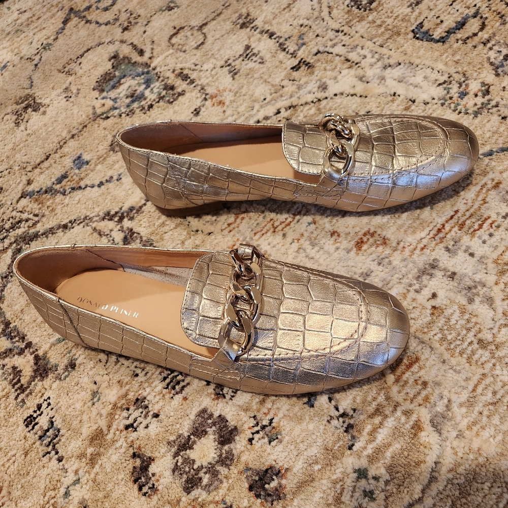 Donald J. Pliner Metallic Gold Croc-Embossed Chain Loafers